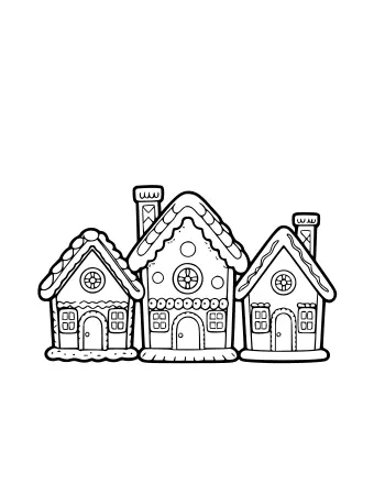 Black and white line drawing of three connected gingerbread houses with different roof styles, including scalloped, shingled, and dripping icing roofs, each with round windows, arched doors, and chimneys.