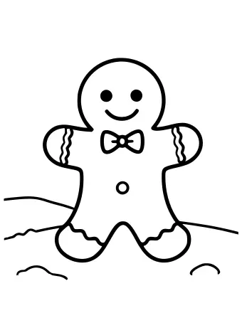 Black-and-white line drawing of a smiling gingerbread man with round eyes, a curved smile, and a button on his belly, standing on a wavy snow line with two small snowflakes falling nearby.