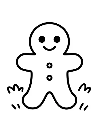A smiling gingerbread man with two large round eyes, two button eyes on his belly, and small arms and legs, standing in a grassy meadow.