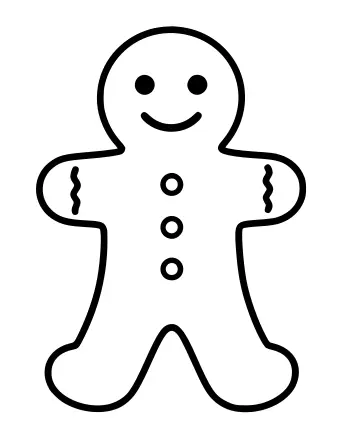 Black and white outline of a smiling gingerbread man with two round eyes, a curved smile, three buttons down the front, and wavy icing details on its arms.