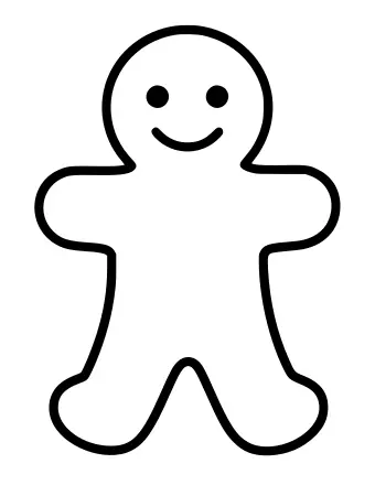 Black and white line drawing of a smiling gingerbread man with a round head, two arms, and two legs.