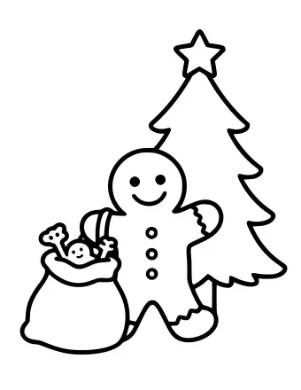 Black-and-white line drawing of a smiling gingerbread man wearing a striped scarf and holding a sack of toys, standing next to a decorated Christmas tree topped with a star.