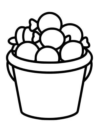Black and white line drawing of a trick-or-treat bucket overflowing with assorted candy pieces, including round lollipops, wrapped sweets, and small treats, ready to be colored.