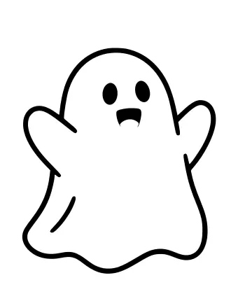 A simple black and white line drawing of a friendly cartoon ghost with a smiling face and wavy bottom, floating in the air.