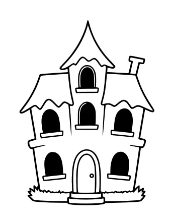 Black and white line drawing of a crooked, three-story haunted house with a pointed roof, a chimney, and dark arched windows.