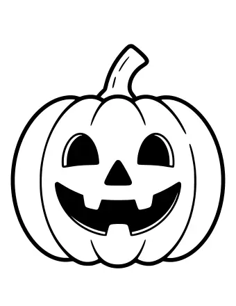 Black and white line drawing of a round pumpkin with a curved stem, two oval eyes, a triangular nose, and a wide jagged smile, resembling a classic jack-o-lantern.