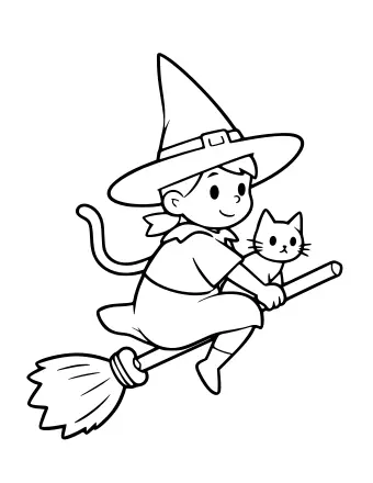 Line drawing of a smiling cartoon witch in a pointed hat riding a broomstick, with a small black cat perched on her shoulder.
