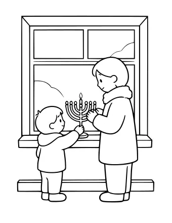 Une scène touchante de deux personnes allumant les bougies d’une menorah sur le rebord d’une fenêtre la nuit.