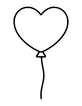 Black and white outline of a heart-shaped balloon with a small knot and a wavy string hanging down.