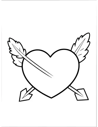Black-and-white line drawing of a large heart pierced diagonally by an arrow with feathered fletching on the left and a pointed tip on the right.
