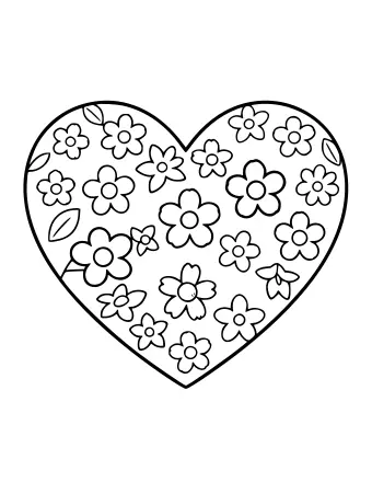 Black-and-white line drawing of a large heart shape filled with small five-petal flowers and scattered leaves, designed as a coloring page.
