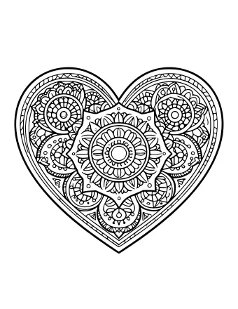 Black and white line art of a heart shape filled with a complex, symmetrical mandala pattern featuring central floral motifs, concentric circles, and detailed geometric borders.