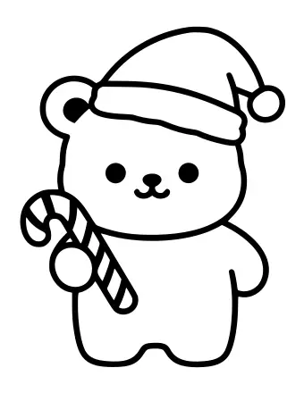 A simple black-and-white line drawing of a round cartoon bear wearing a Santa hat and holding a candy cane, with a smiling face and two small paws.
