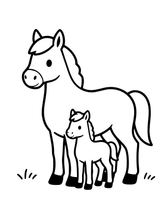 Black-and-white line drawing of a large horse standing next to a small foal, with simple grass tufts on the ground.