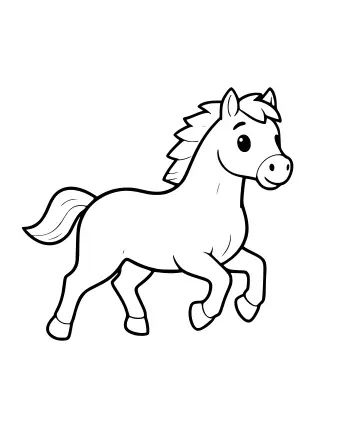 Black-and-white line drawing of a horse galloping to the right with a flowing mane and tail, shown in a dynamic running pose.