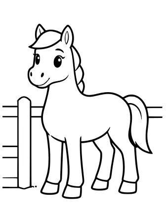 Line drawing of a horse standing inside a stable, with its head turned to the side, a small hat on its head, and a wooden fence visible on the left.