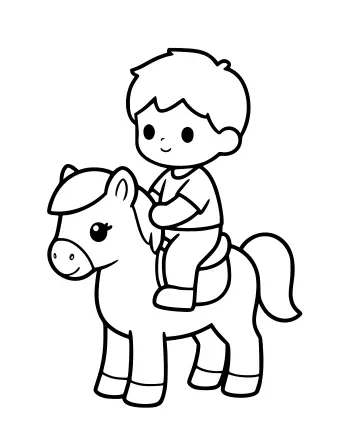 Black-and-white line drawing of a smiling child with short hair sitting on a small pony, holding the reins, with the pony's mane, tail, and hooves outlined for coloring.