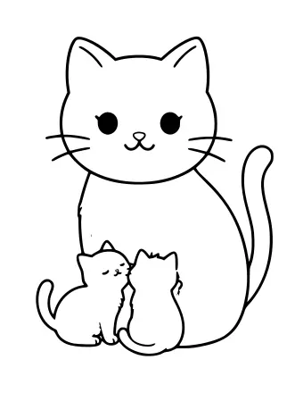 Line drawing of a large mother cat sitting upright with two small kittens nursing at her belly, showing pointed ears, whiskers, and curled tails.