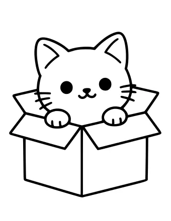 Black-and-white line drawing of a kitten with pointed ears and whiskers peeking out of an open cardboard box, with its front paws resting on the box edges.