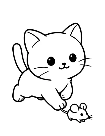 Black-and-white line drawing of a kitten with big eyes and a long tail reaching down to grab a small mouse by its tail.