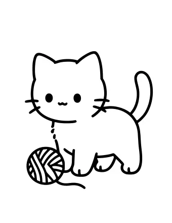 Line drawing of a kitten with pointy ears and whiskers sitting next to a ball of yarn, with a loose thread connecting the two.