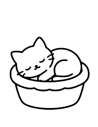 Black-and-white line drawing of a small kitten curled up and sleeping inside a round woven basket.