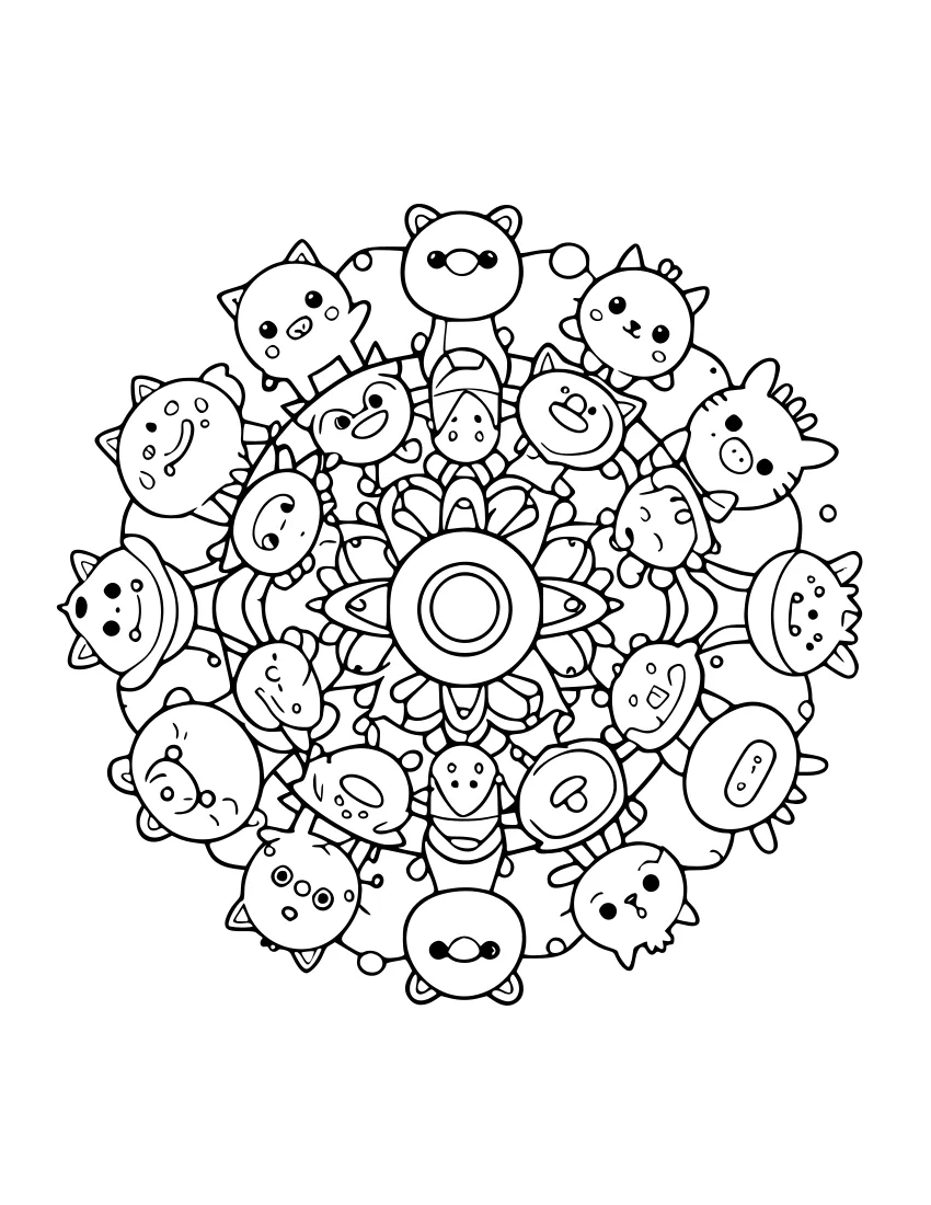 Black and white line art of a circular mandala featuring a central sunburst surrounded by rings of cartoon animal faces, including cats, bears, and birds, with small decorative shapes filling the spaces.