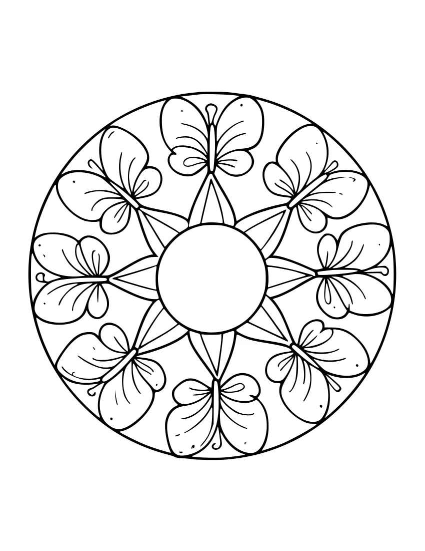 Black-and-white line drawing of a circular mandala with eight butterfly wings arranged symmetrically around a central circle.