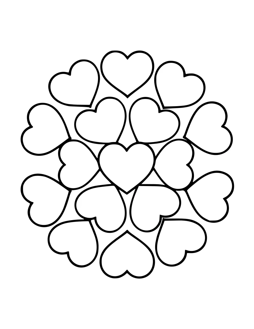 Black-and-white line drawing of a circular mandala made of overlapping heart shapes arranged in two rings around a central heart.