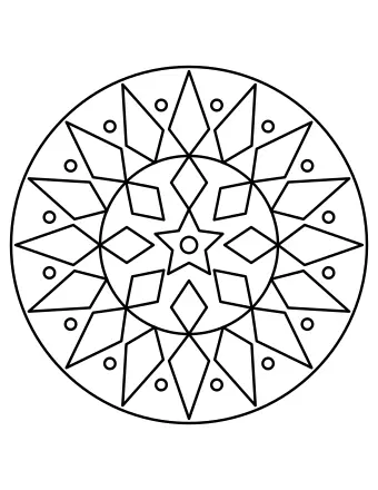 Circular geometric mandala with a five-point star in the center, eight diamonds and sixteen outer star points with small circles between them