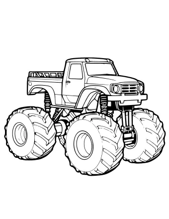 Black-and-white line drawing of a classic monster truck with oversized knobby tires, exposed suspension springs, a front bumper, a detailed cab, and an open pickup bed.