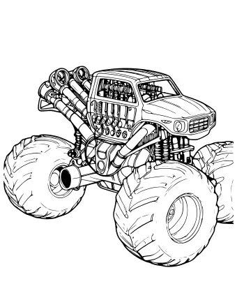 Black and white line drawing of a monster truck's front end showing a large engine, four exhaust pipes, suspension springs, and two oversized tires.