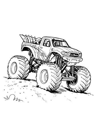 Un camion monstre doté d’une carrosserie sur le thème des dinosaures, comprenant des écailles et une queue, sautant dans les airs.