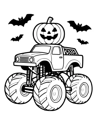Dessin au trait Monster Truck avec une citrouille-lanterne sur le dessus et des chauves-souris autour
