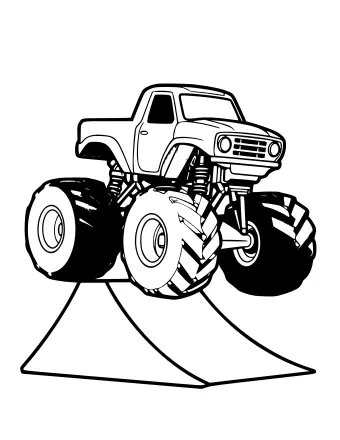 Black-and-white line drawing of a monster truck with oversized knobby tires mid-jump over a triangular ramp, shown in a dynamic side profile.
