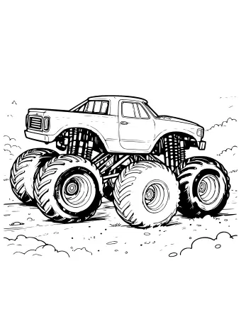 Black-and-white line drawing of two monster trucks with oversized tires racing side by side on a dirt track, kicking up dust and dirt.