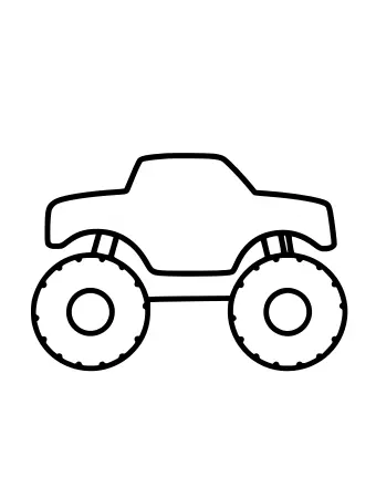 A simple black and white line drawing of a monster truck with a large cabin and two oversized wheels.