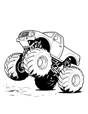 Dessin au trait d’un camion monstre faisant un wheelie sur de la terre