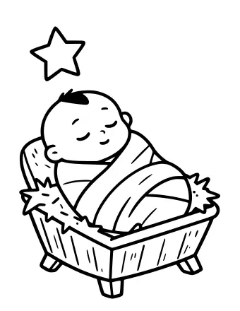 Dessin au trait de l'enfant Jésus dans la crèche à colorier