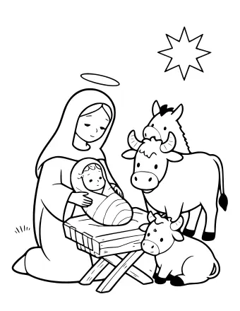 Dessin au trait de la Sainte Famille dans l'écurie à colorier
