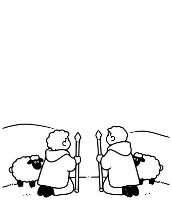 Une scène tranquille de deux bergers avec des bâtons et plusieurs moutons pelucheux sur une colline herbeuse.