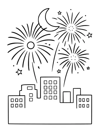 Feux d’artifice du Nouvel An explosant dans le ciel nocturne au-dessus des bâtiments de la ville.