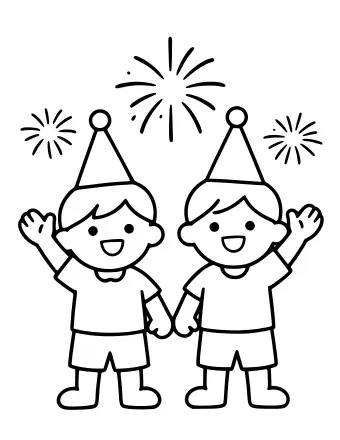 Des enfants avec les bras levés en signe d’enthousiasme pour une célébration du Nouvel An.