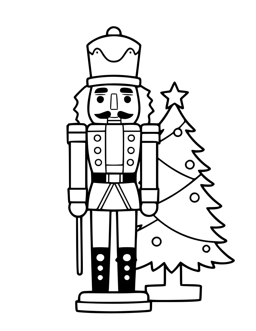 Black and white line drawing of a classic nutcracker soldier in a tall hat and uniform standing next to a small Christmas tree with round ornaments and a star on top.
