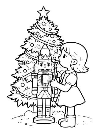 A young girl named Clara cradling a traditional nutcracker doll next to a tall, decorated evergreen tree.