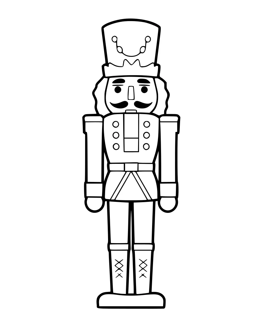 Black-and-white line drawing of a nutcracker soldier with a tall hat, a buttoned jacket, crossed arms, and tall boots, standing in a ballet pose.