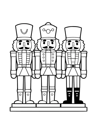 A row of three nutcrackers with different hats and uniforms standing on a mantelpiece.