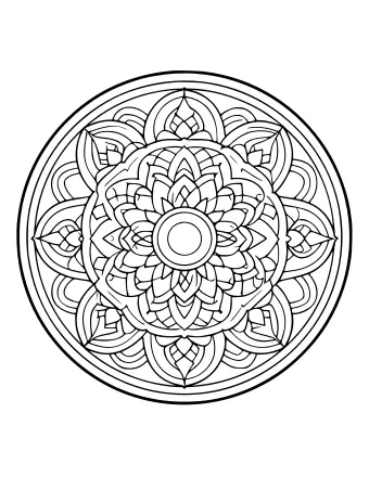 A black-and-white line drawing of a circular ornament featuring a complex, symmetrical mandala pattern with layered petals and geometric details.