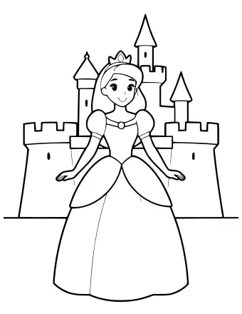 Line drawing of a smiling princess in a long gown and tiara standing in front of a castle with three pointed towers and crenellated walls.