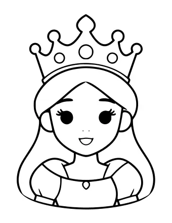 Black-and-white line drawing of a smiling princess with long wavy hair, wearing a large ornate crown with five points and round jewels, and a dress with a round neckline and a small heart at the collar.